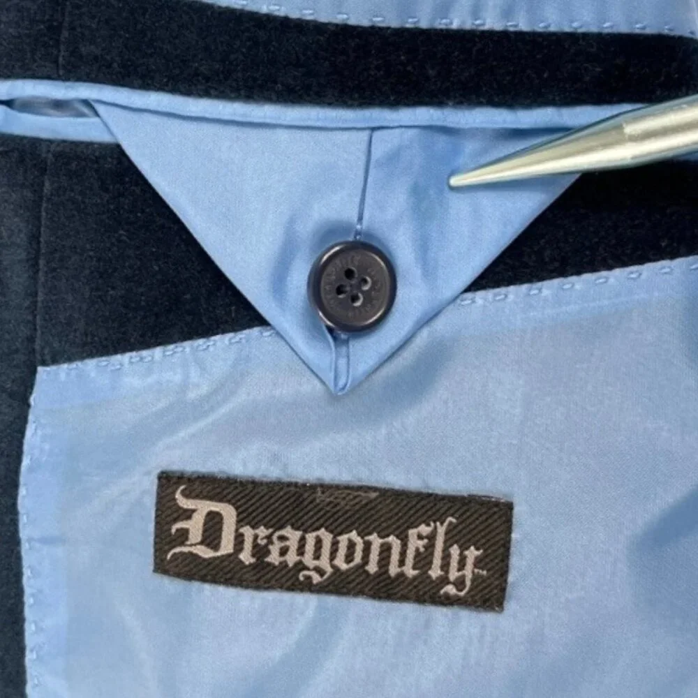 Dragonfly Mens Blue Velvet Velour Smoking Jacket Blazer Dress Coat Size Medium